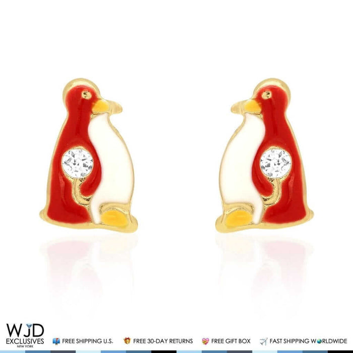 14K Yellow Gold Red Enamel & Zircon Penguin Screw Back Stud Kids Earrings