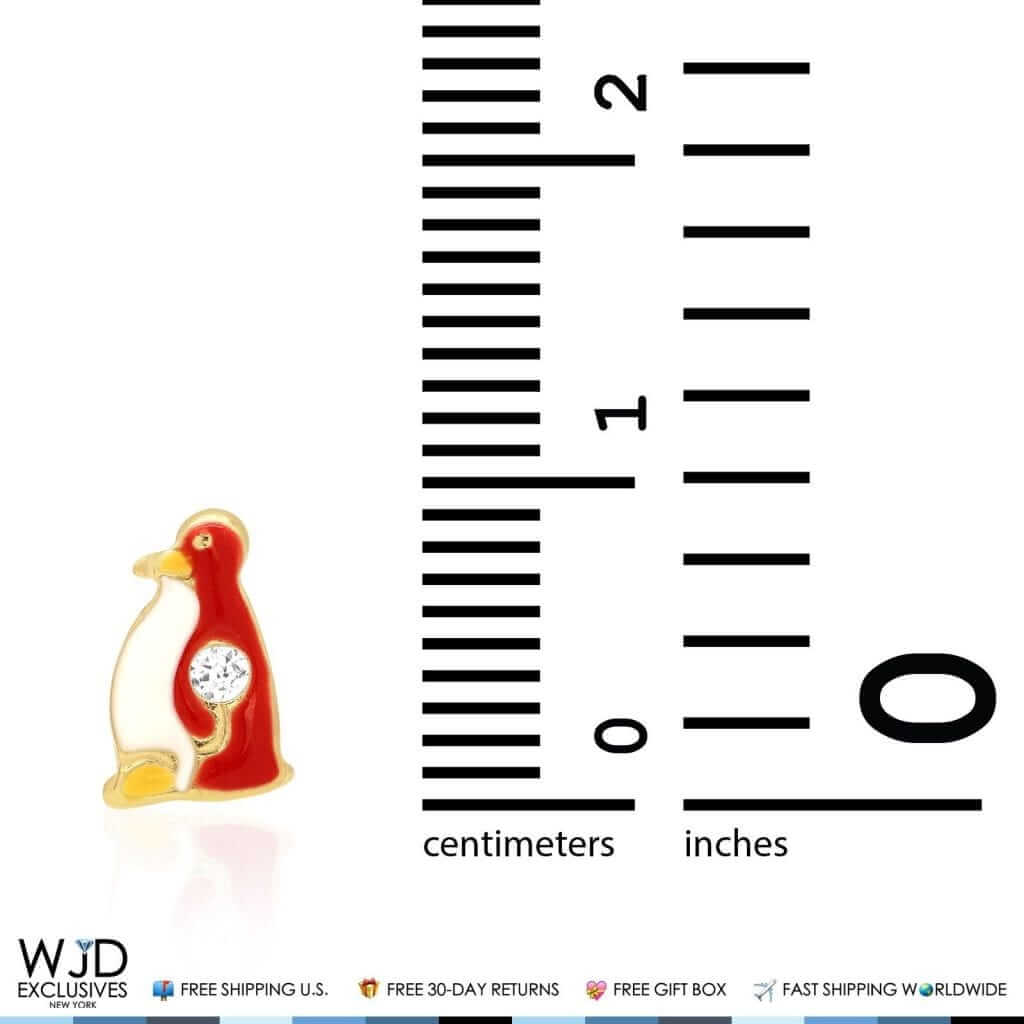 14K Yellow Gold Red Enamel & Zircon Penguin Screw Back Stud Kids Earrings