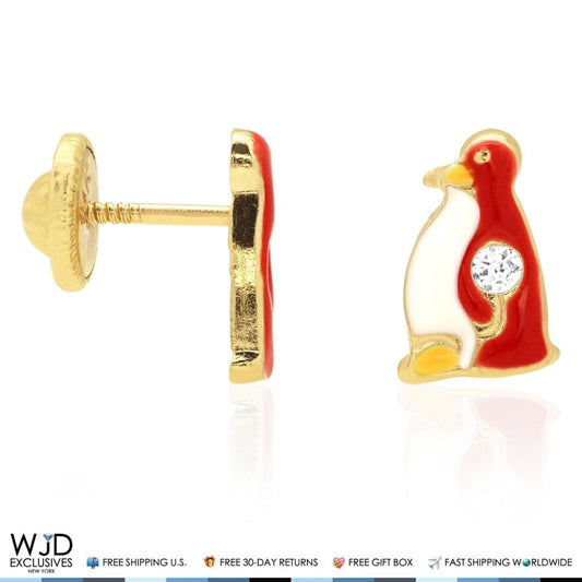 14K Solid Yellow Gold Red Enamel & Zircon Penguin Screwback Stud Kids Earrings