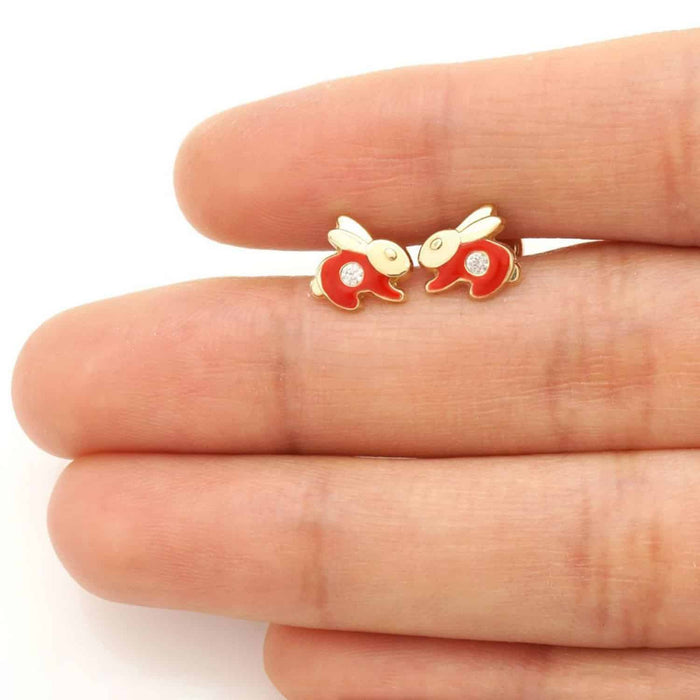 Kids 14K Gold CZ Enamel Rabbit Stud Earrings
