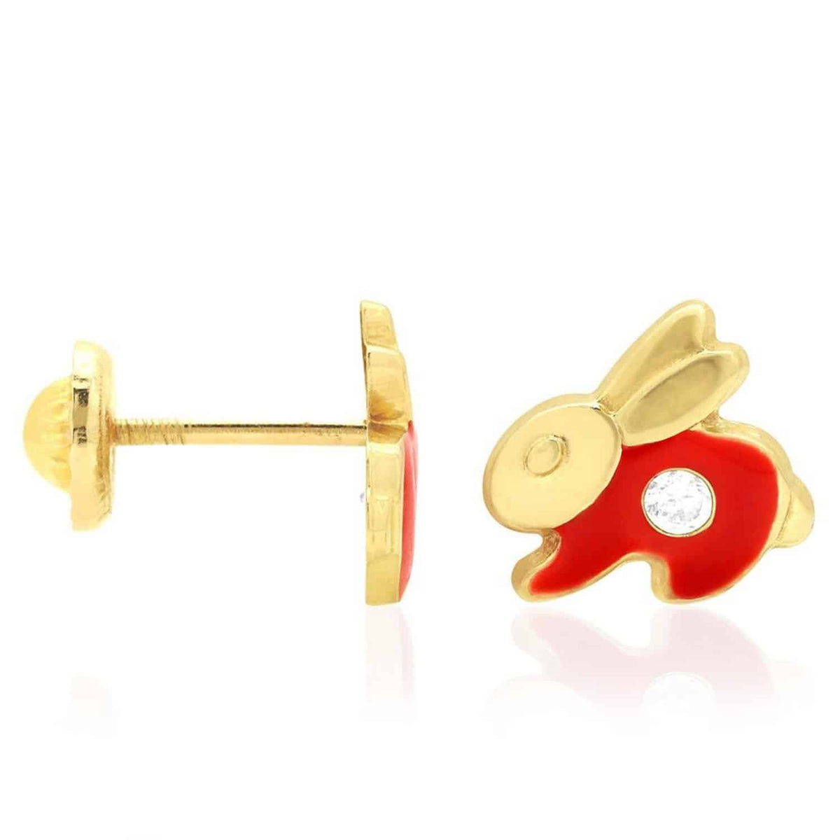Kids 14K Gold CZ Enamel Rabbit Stud Earrings