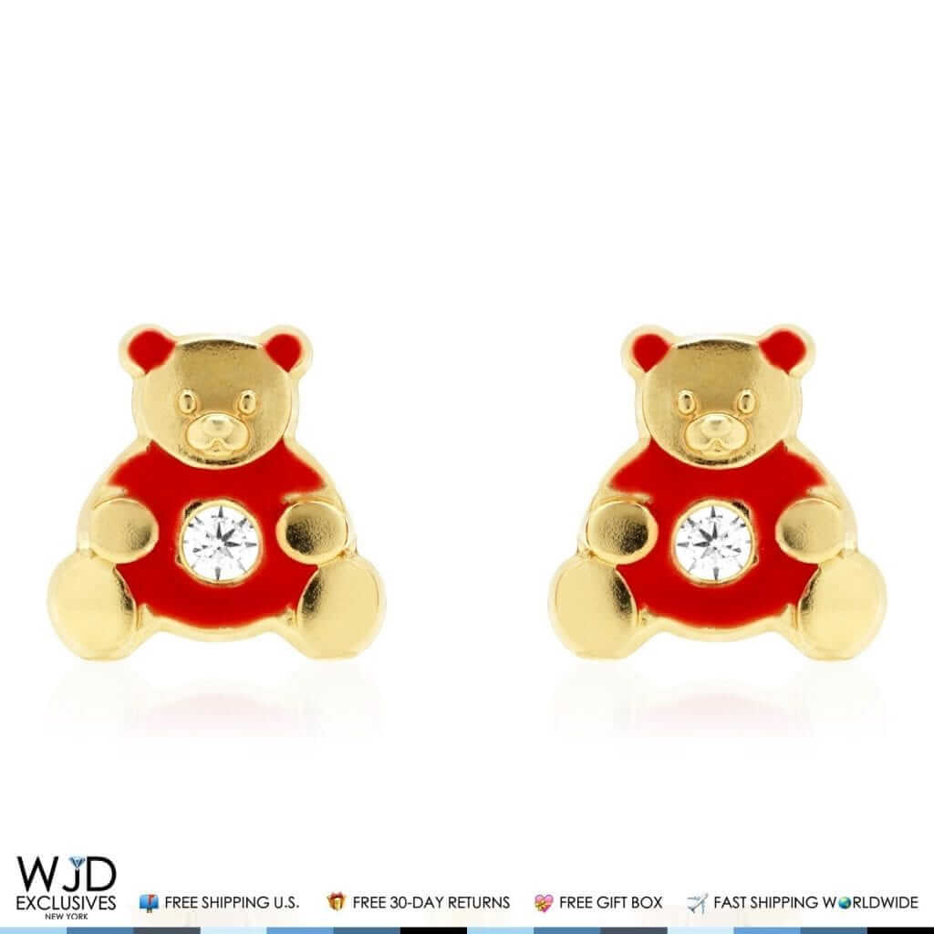 14K Gold Enamel CZ Teddy Bear Screw Back Stud Earrings