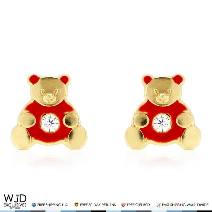 14K Gold Enamel CZ Teddy Bear Screw Back Stud Earrings