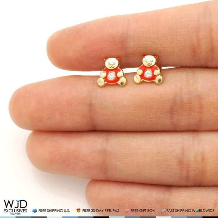 14K Gold Enamel CZ Teddy Bear Screw Back Stud Earrings