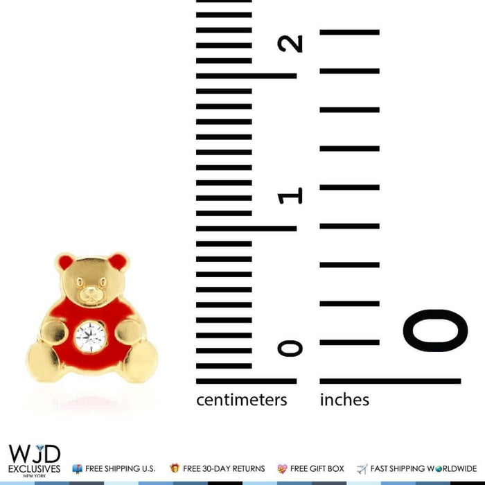 14K Gold Enamel CZ Teddy Bear Screw Back Stud Earrings