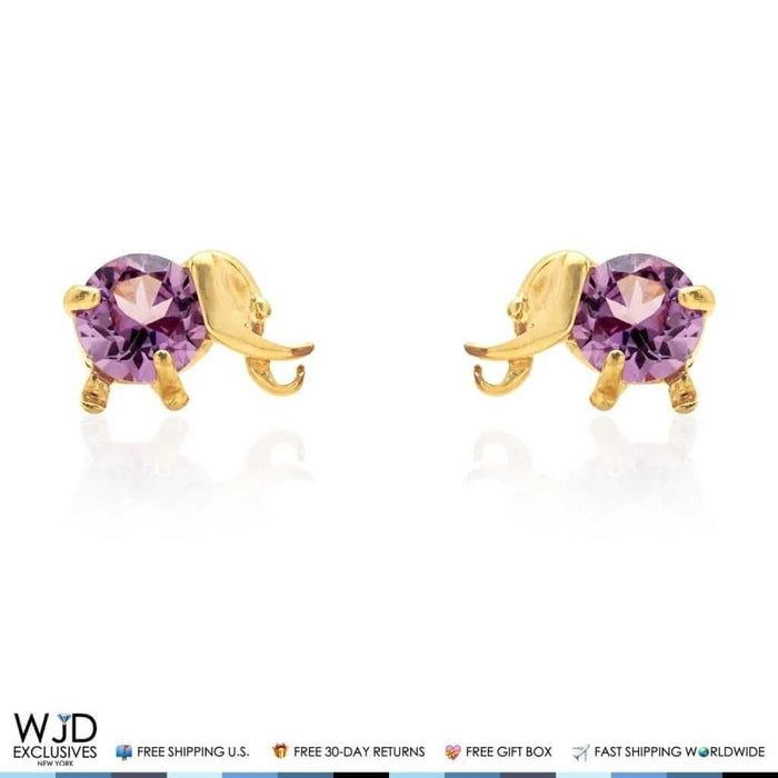 14K Yellow Gold Round Alexandrite Elephant Baby Screw Back Stud Earrings