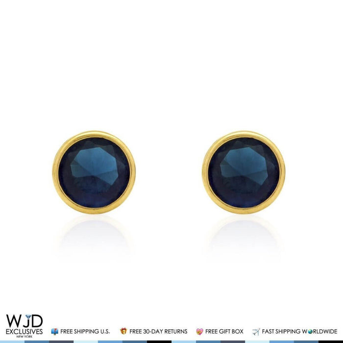 14K Gold Round Bezel Blue Simulated Sapphire Screw Back Stud Earrings 6mm