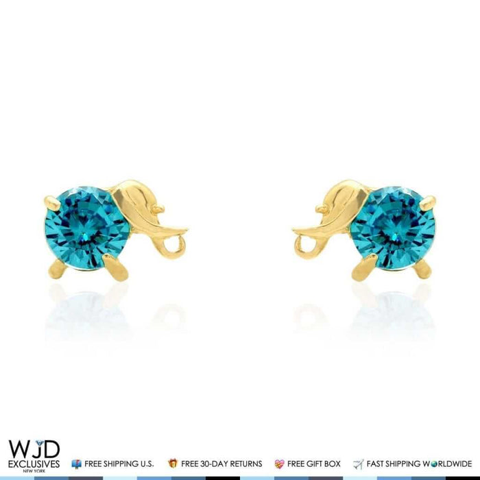 14K Yellow Gold Round Blue Zircon Elephant Baby Screw Back Stud Earrings