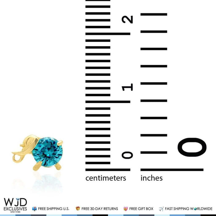 14K Yellow Gold Round Blue Zircon Elephant Baby Screw Back Stud Earrings