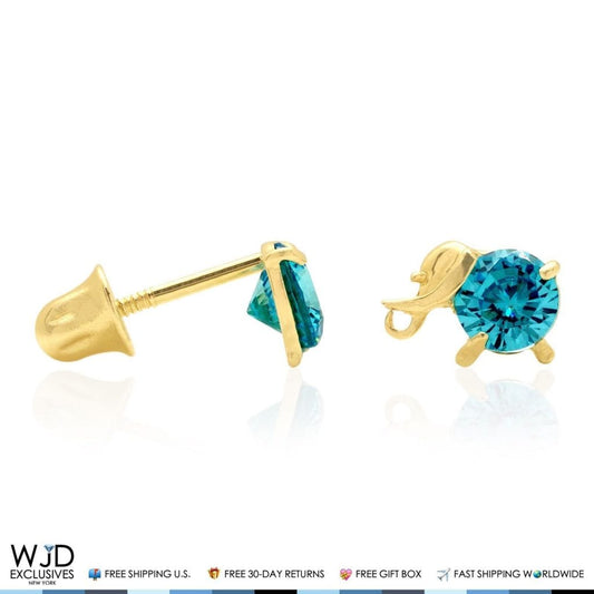 14K Solid Yellow Gold Round Blue Zircon Elephant Baby Screw Back Stud Earrings
