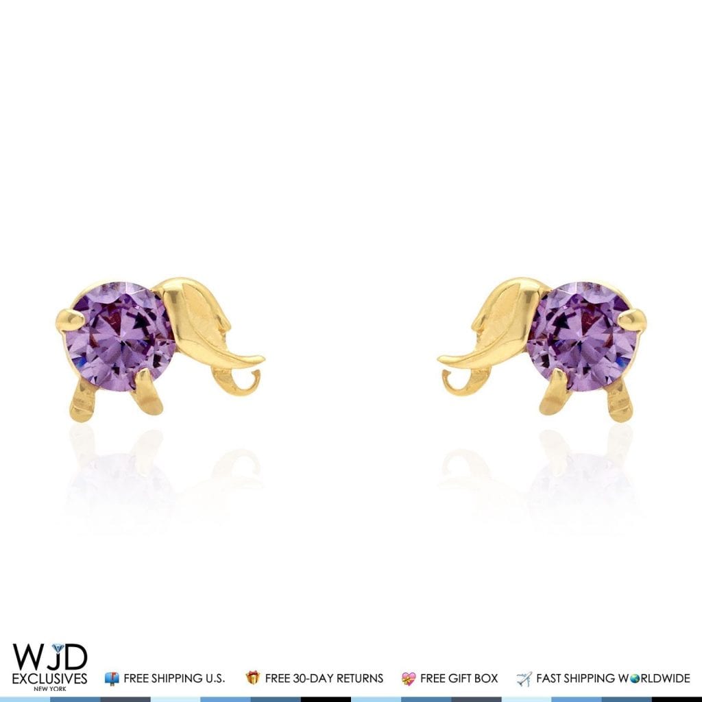 14K Solid Yellow Gold Round Cut Amethyst Elephant Baby Screwback Stud Earrings