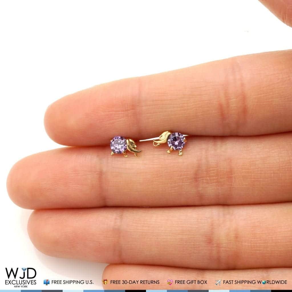 14K Solid Yellow Gold Round Cut Amethyst Elephant Baby Screwback Stud Earrings
