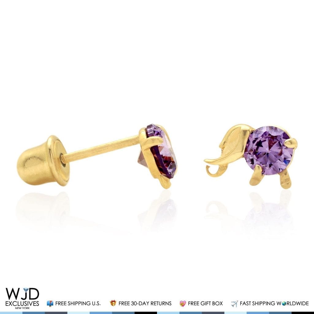 14K Solid Yellow Gold Round Cut Amethyst Elephant Baby Screwback Stud Earrings