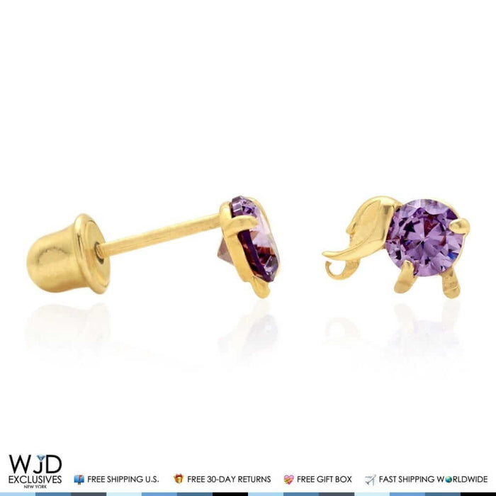 14K Yellow Gold Round-Cut Amethyst Elephant Baby Screw Back Stud Earrings