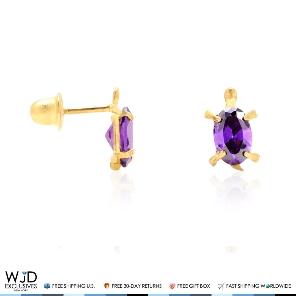 Kid's 14K Yellow Gold Oval Simulated Birthstone Turtle Screw Back Stud Earrings