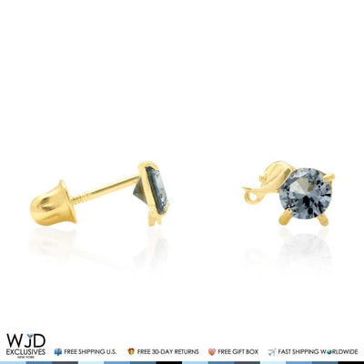 14K Yellow Gold Round-Cut Aquamarine Elephant Baby Screw Back Stud Earrings
