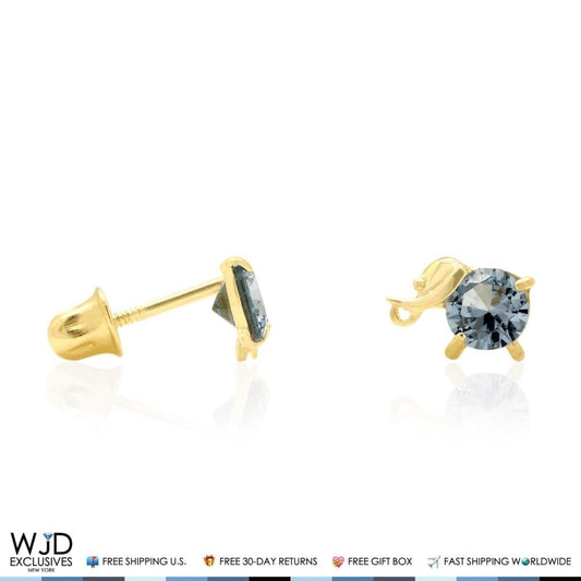 14K Yellow Gold Round Cut Aquamarine Elephant Baby Screwback Stud Earrings