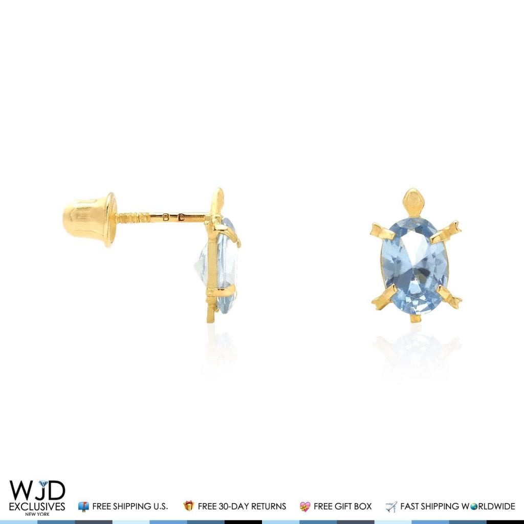 Kid's 14K Yellow Gold Oval Simulated Birthstone Turtle Screw Back Stud Earrings