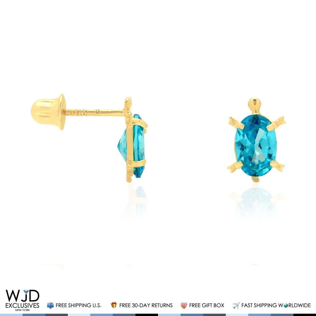 Kid's 14K Yellow Gold Oval Simulated Birthstone Turtle Screw Back Stud Earrings
