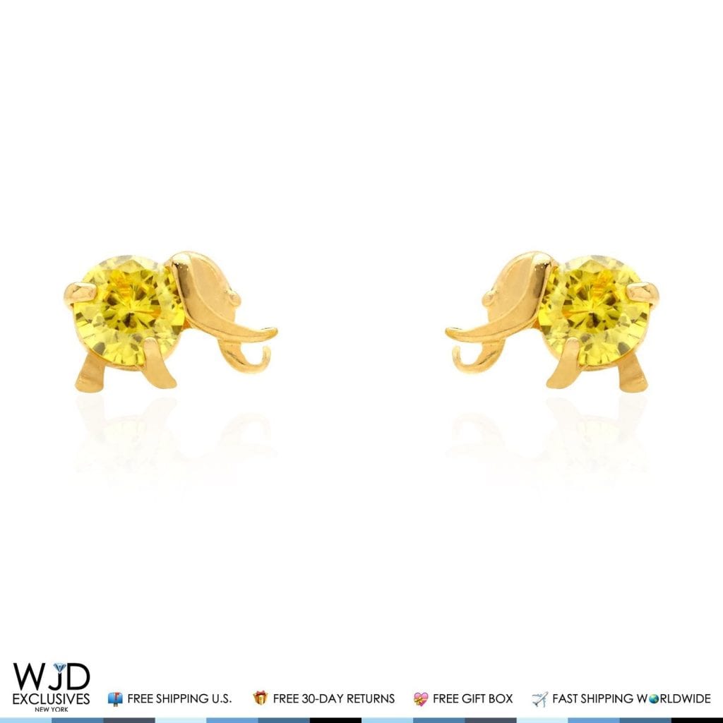 14K Solid Yellow Gold Round Cut Citrine Elephant Baby Screwback Stud Earrings
