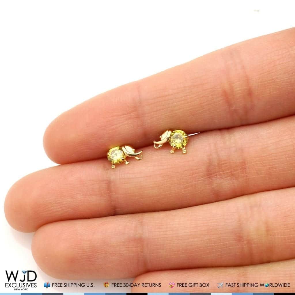 14K Solid Yellow Gold Round Cut Citrine Elephant Baby Screwback Stud Earrings