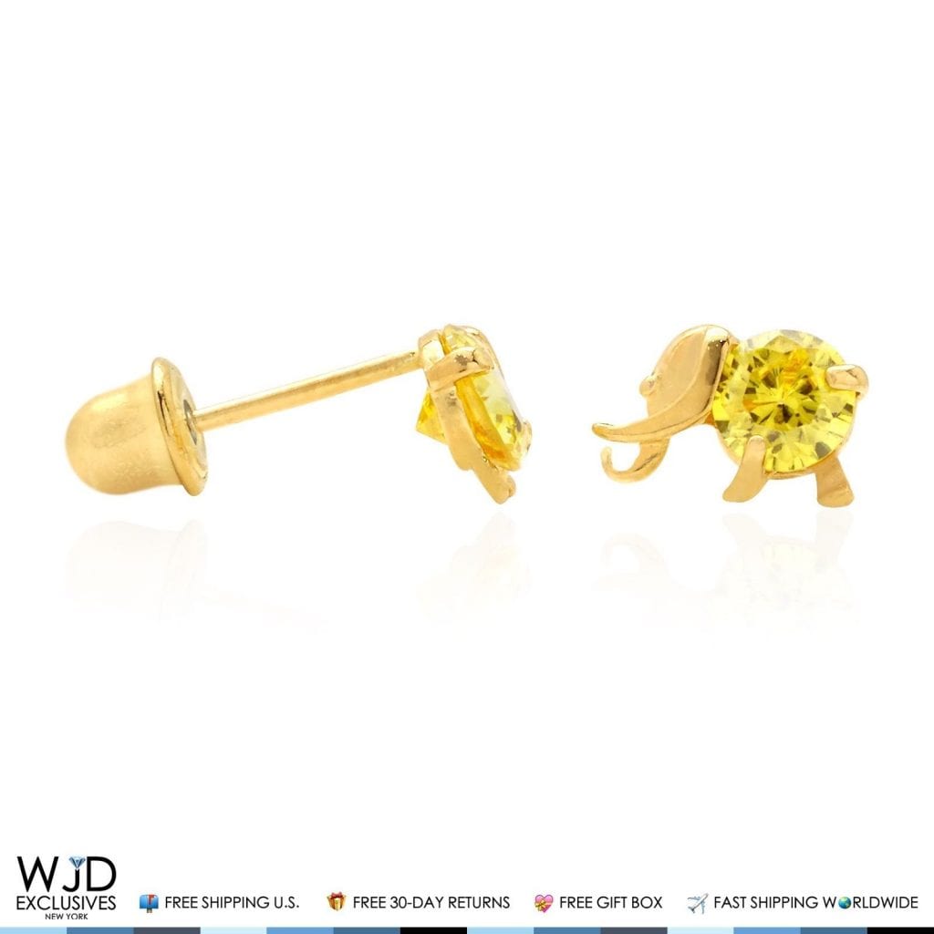 14K Solid Yellow Gold Round Cut Citrine Elephant Baby Screwback Stud Earrings