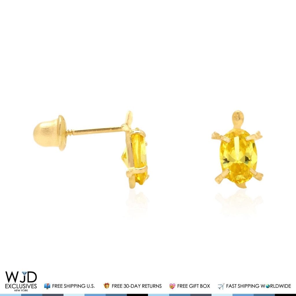 Kid's 14K Yellow Gold Oval Simulated Birthstone Turtle Screw Back Stud Earrings