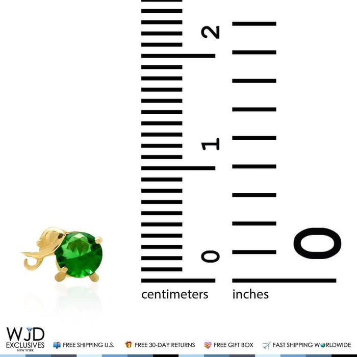 14K Yellow Gold Round Simulated Emerald Elephant Baby Screw Back Stud Earrings