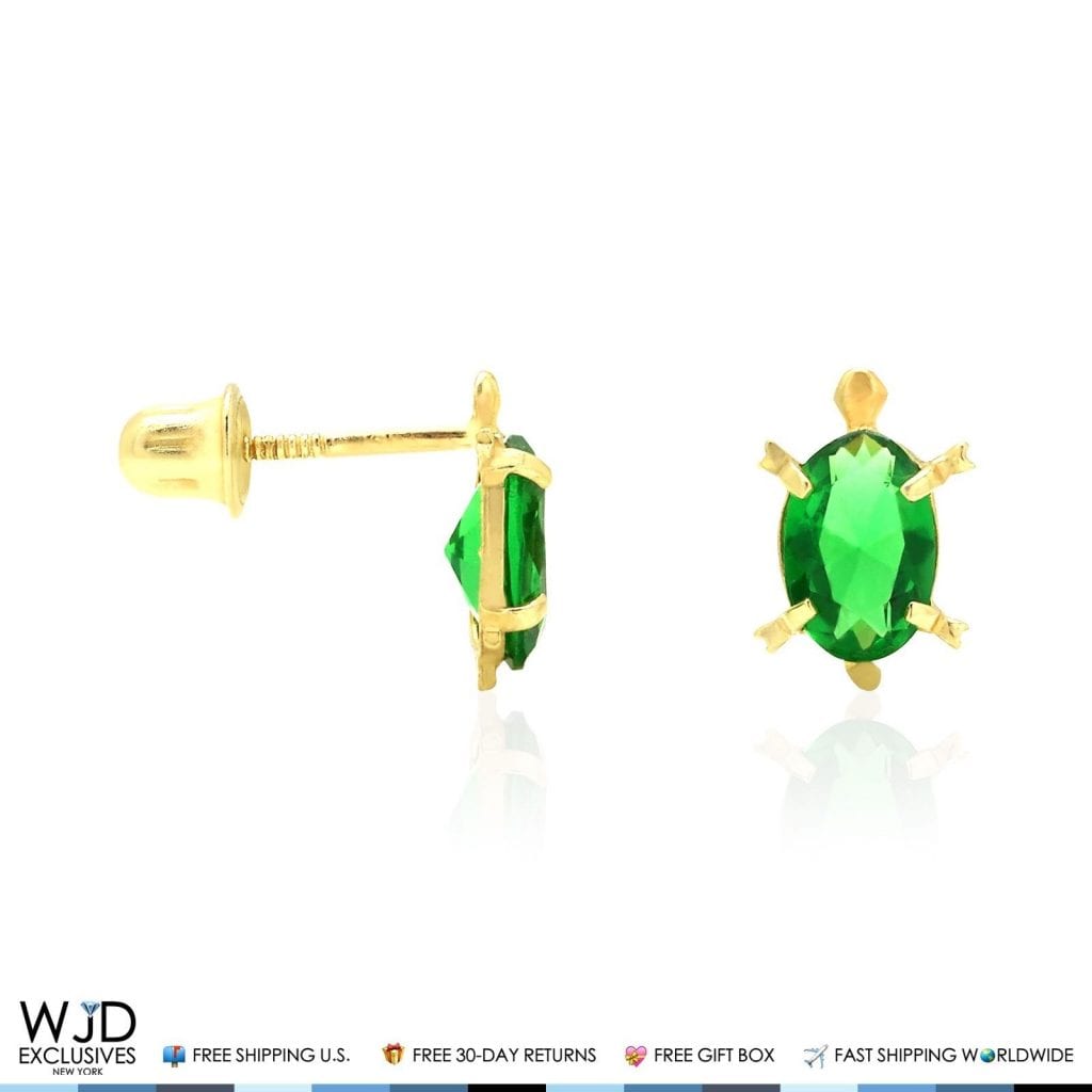 Kid's 14K Yellow Gold Oval Simulated Birthstone Turtle Screw Back Stud Earrings