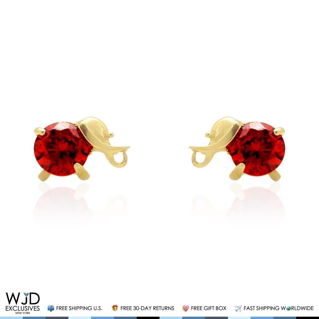 14K Solid Yellow Gold Round Cut Garnet Elephant Baby Screwback Stud Earrings