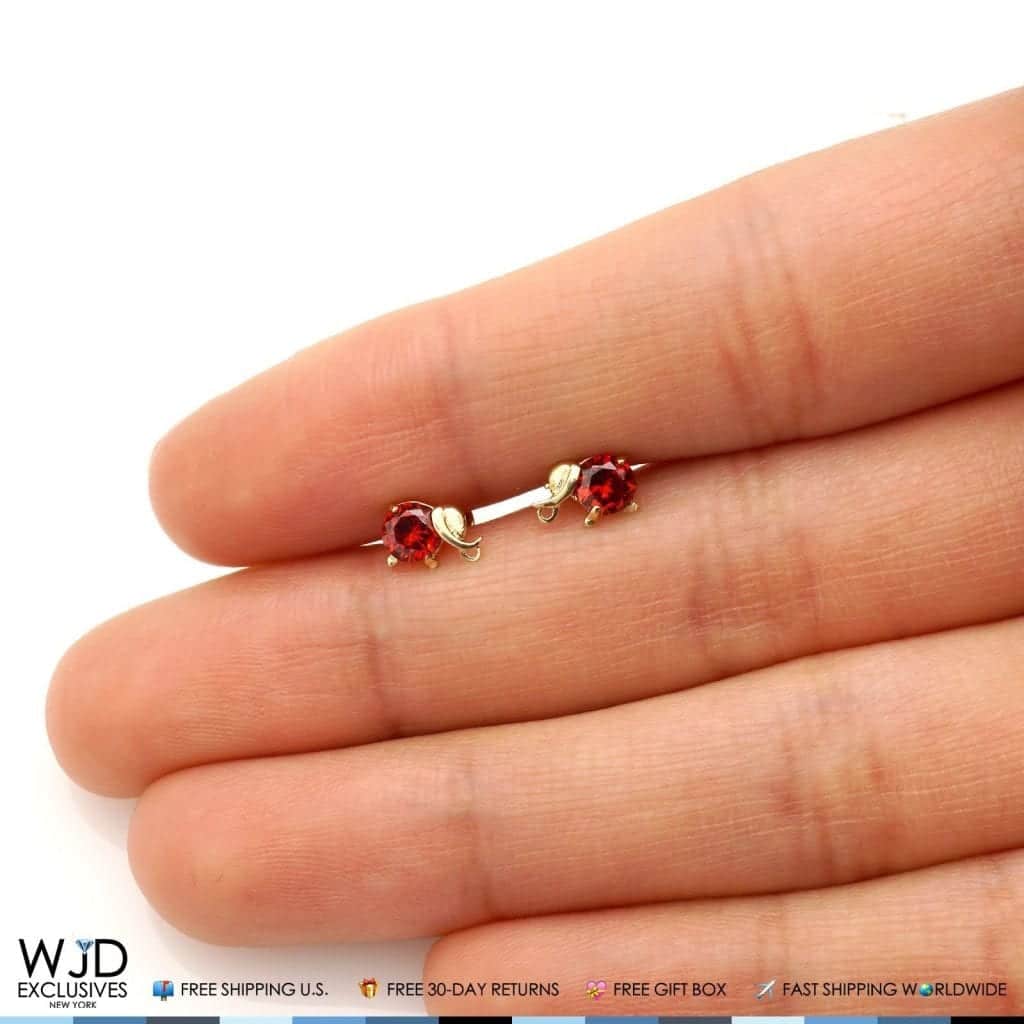 14K Solid Yellow Gold Round Cut Garnet Elephant Baby Screwback Stud Earrings