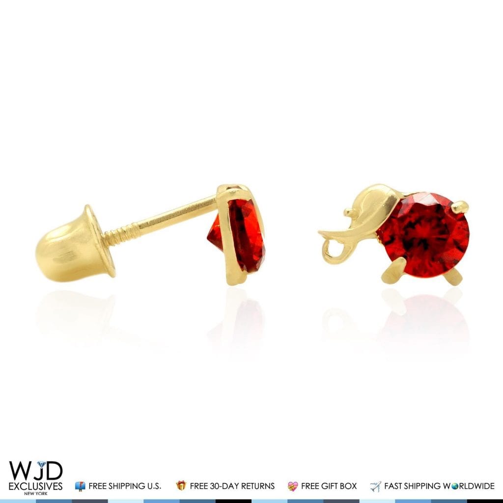 14K Solid Yellow Gold Round Cut Garnet Elephant Baby Screwback Stud Earrings