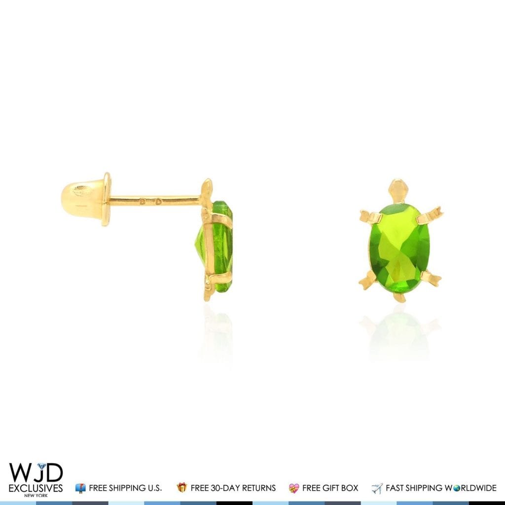 Kid's 14K Yellow Gold Oval Simulated Birthstone Turtle Screw Back Stud Earrings