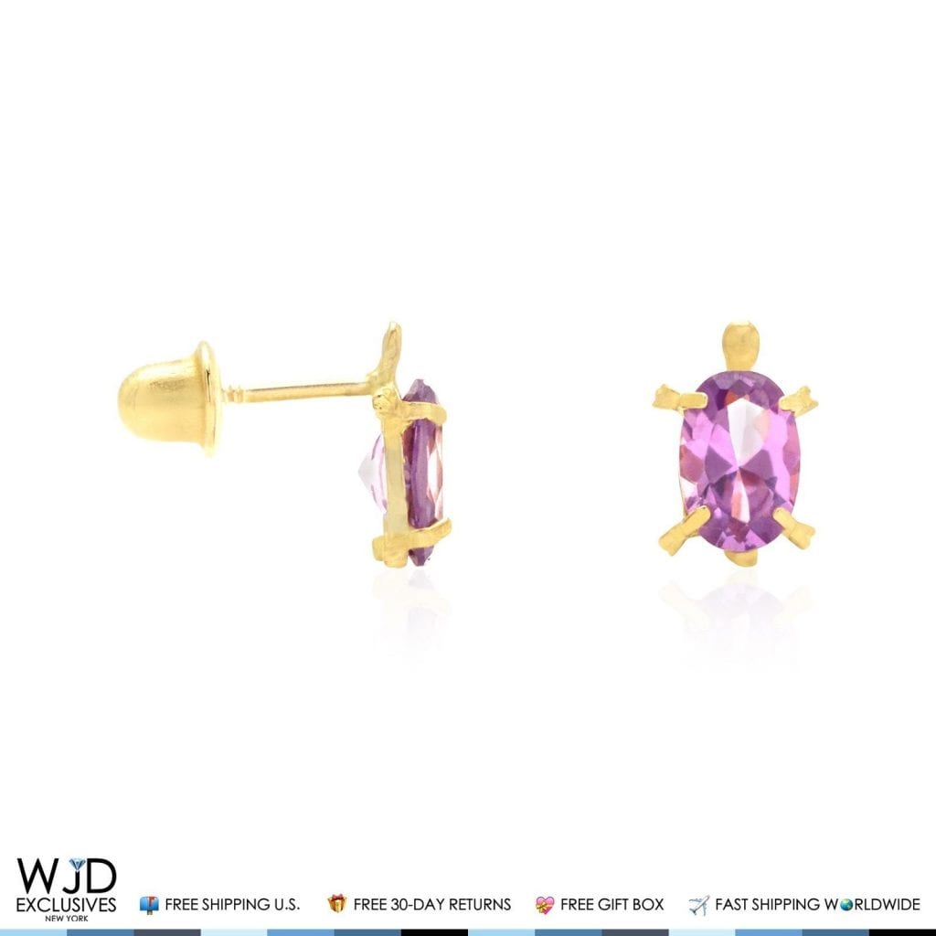 Kid's 14K Yellow Gold Oval Simulated Birthstone Turtle Screw Back Stud Earrings