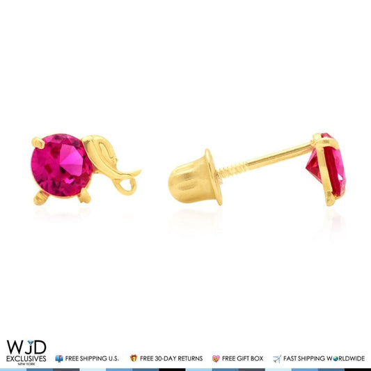 14K Yellow Gold Round Cut Simulated Ruby Elephant Baby Screwback Stud Earrings
