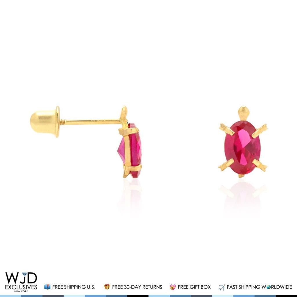 Kid's 14K Yellow Gold Oval Simulated Birthstone Turtle Screw Back Stud Earrings