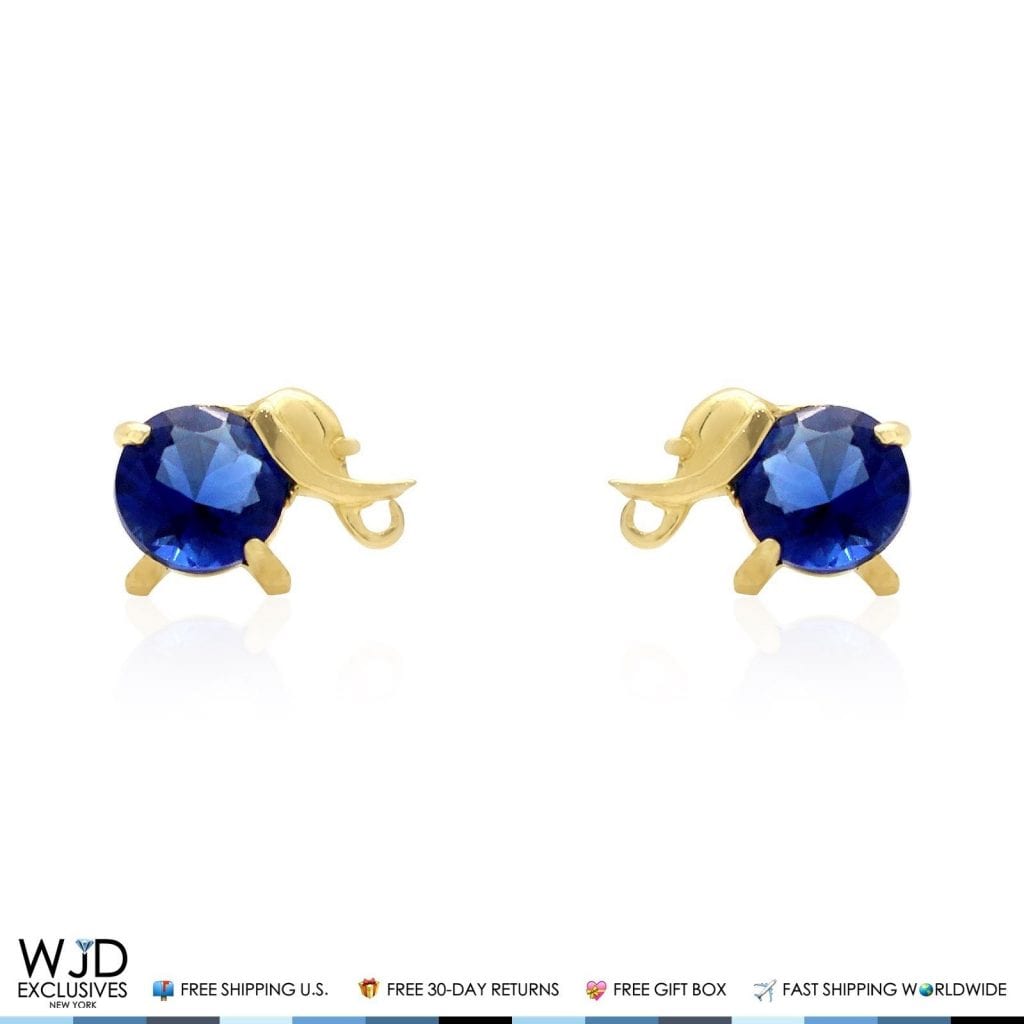 14K Yellow Gold Round Simulated Sapphire Elephant Screwback Stud Earrings
