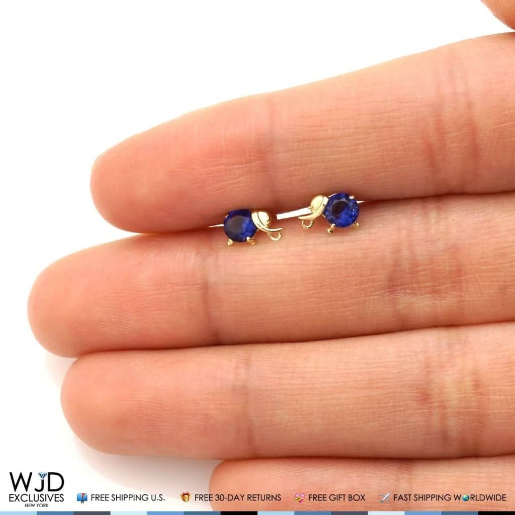 14K Yellow Gold Round Simulated Sapphire Elephant Screwback Stud Earrings