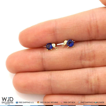 14K Yellow Gold Round Simulated Sapphire Elephant Screwback Stud Earrings