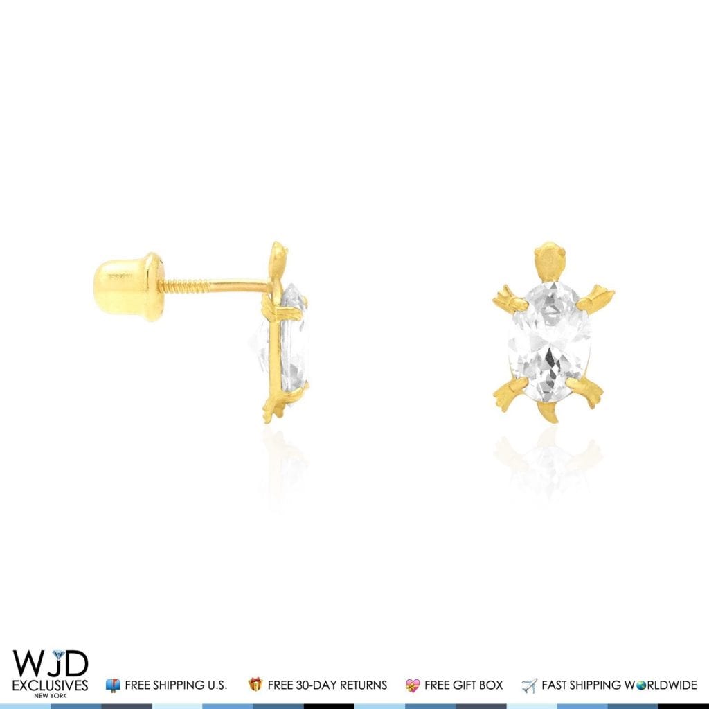 Kid's 14K Yellow Gold Oval Simulated Birthstone Turtle Screw Back Stud Earrings