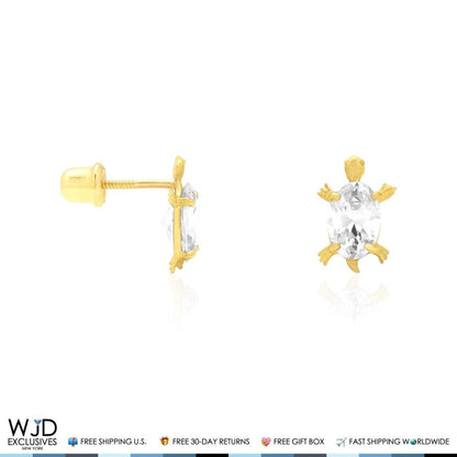 Kid's 14K Yellow Gold Oval Simulated Birthstone Turtle Screw Back Stud Earrings