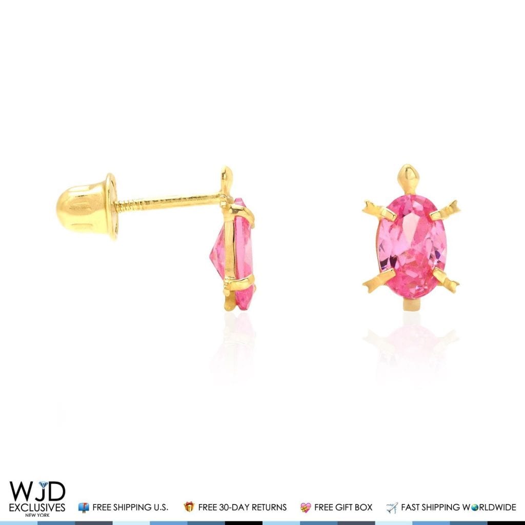Kid's 14K Yellow Gold Oval Simulated Birthstone Turtle Screw Back Stud Earrings