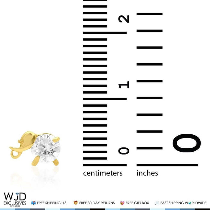 14K Yellow Gold Round White Zircon Elephant Baby Screw Back Stud Earrings