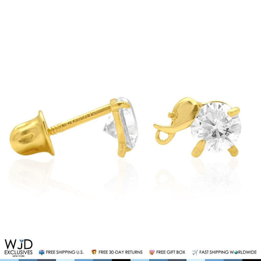 14K Solid Yellow Gold Round White Zircon Elephant Baby Screwback Stud Earrings
