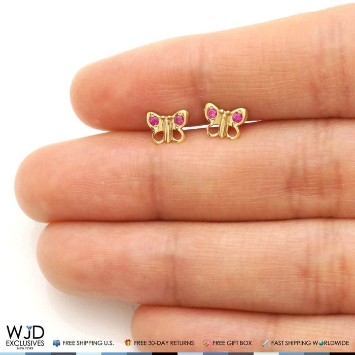 14K Yellow Gold Simulated Ruby Butterfly Baby Screw Back Stud Kid Earrings