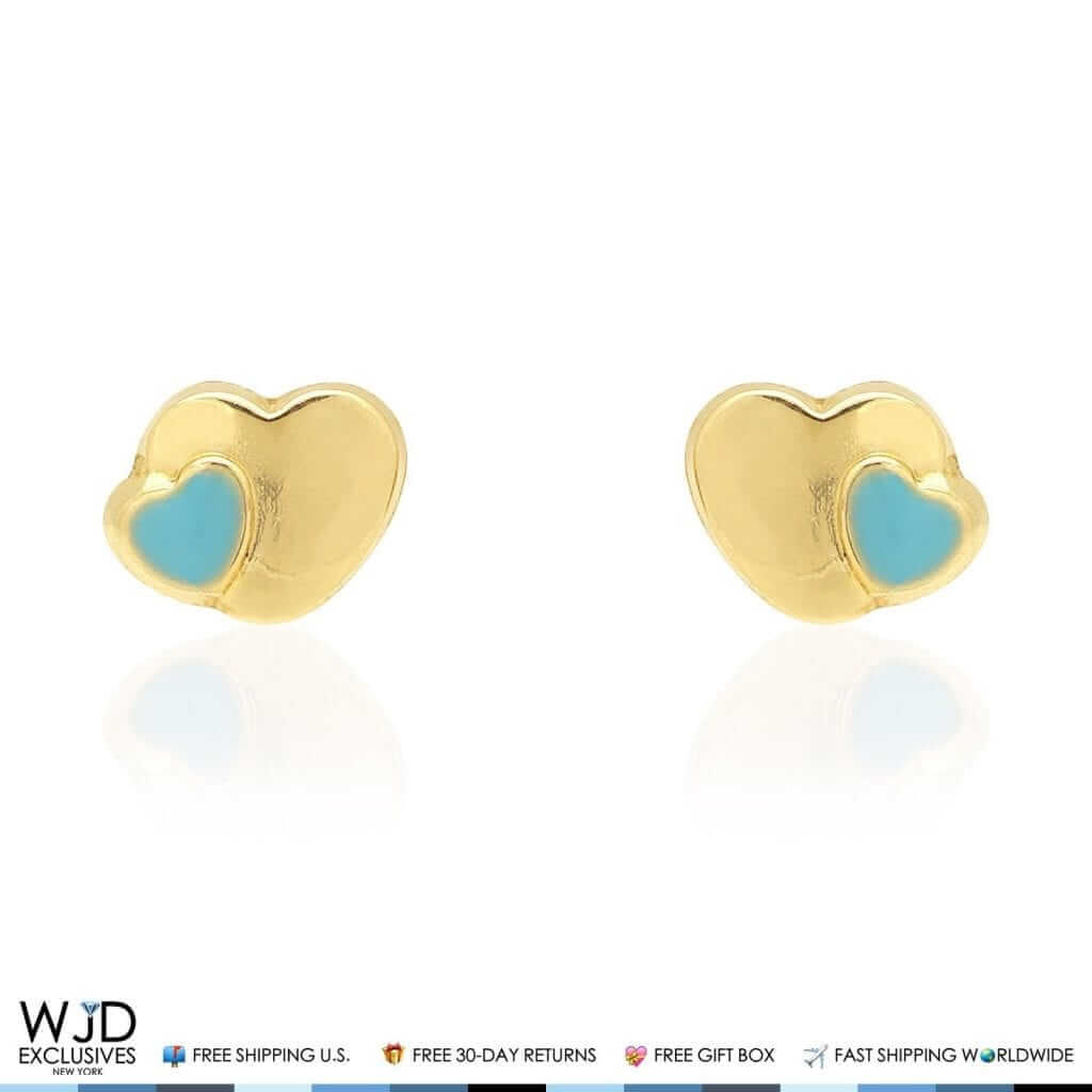 14K Yellow Gold Sky Blue Enamel Heart Baby Screw Back Stud Kid Earrings