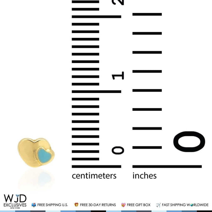 14K Yellow Gold Sky Blue Enamel Heart Baby Screw Back Stud Kid Earrings