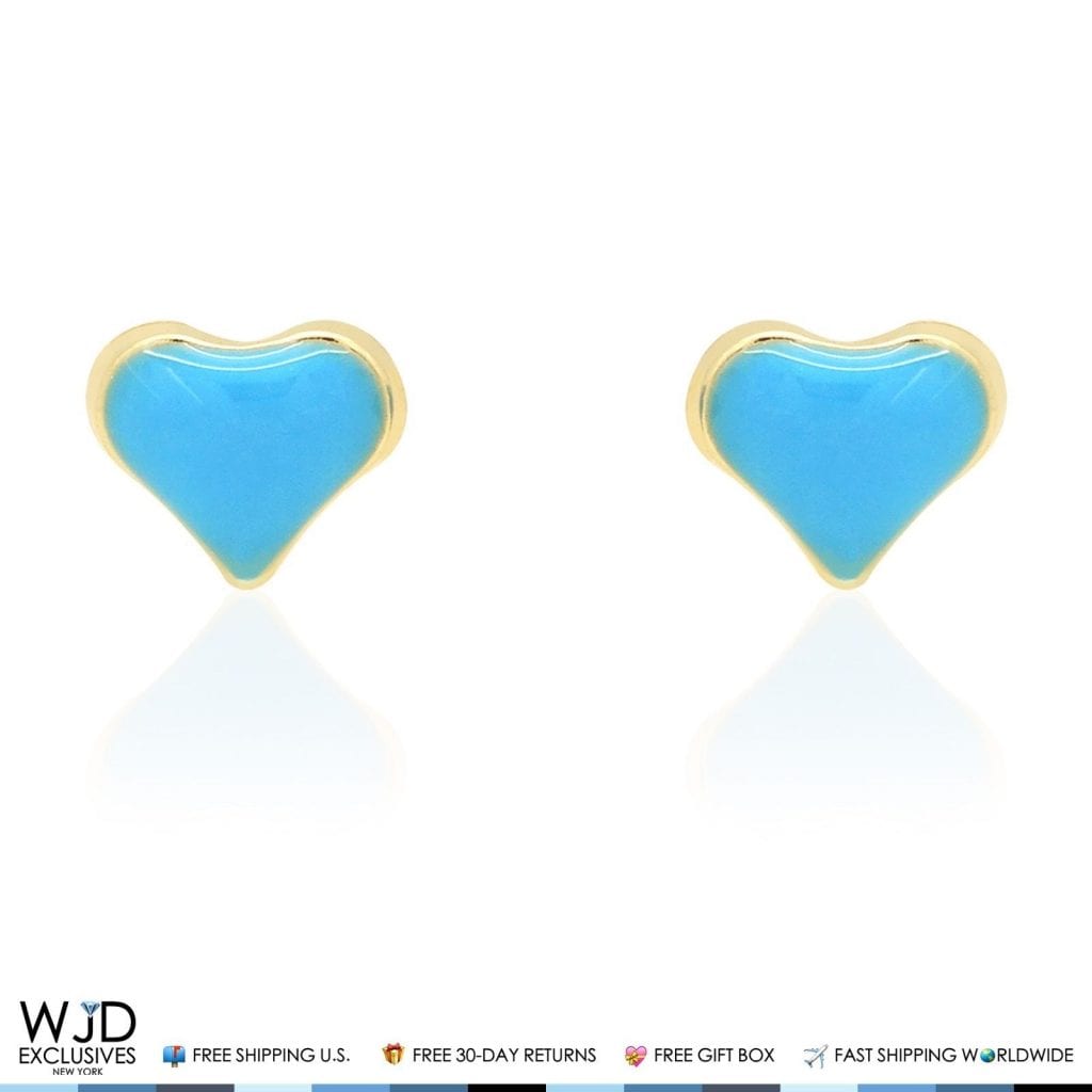 14K Solid Yellow Gold Sky Blue Enamel Heart Baby Screwback Stud Kid Earrings