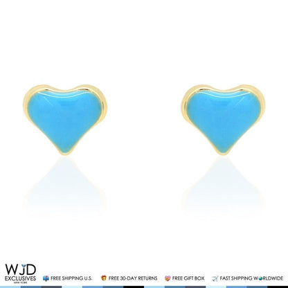 14K Solid Yellow Gold Sky Blue Enamel Heart Baby Screwback Stud Kid Earrings