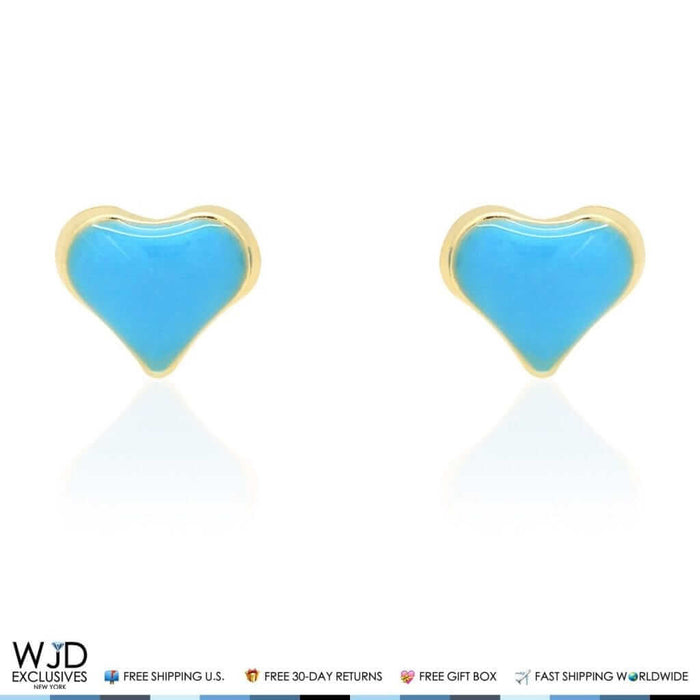 14K Yellow Gold Sky Blue Enamel Heart Baby Screw Back Stud Kid Earrings